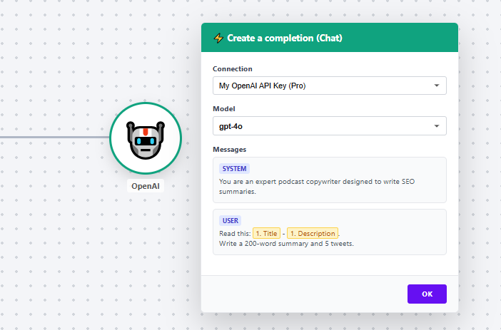 Make.com OpenAI module configuration screenshot