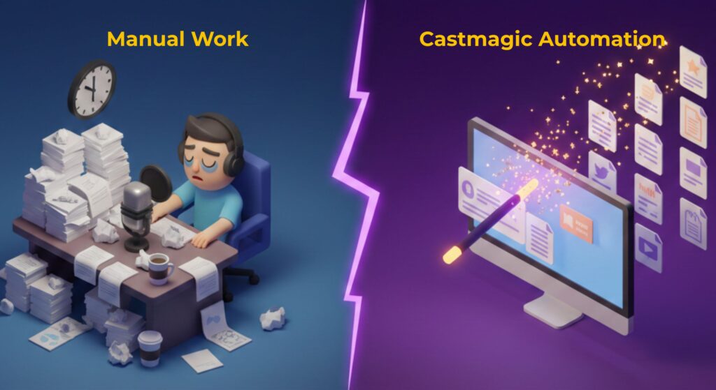 Manually writing notes vs using Castmagic automated show notes generator workflow
