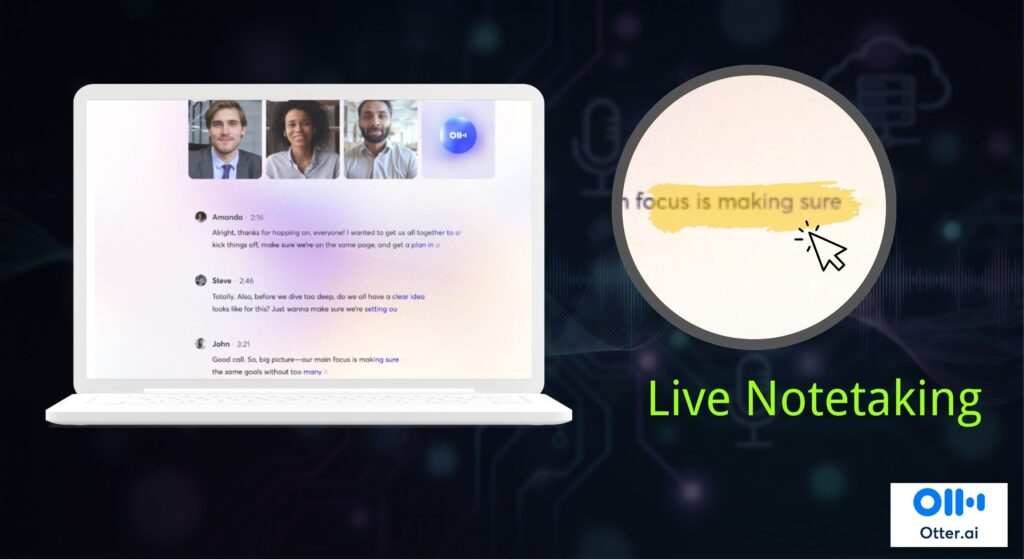 Otter.ai app interface showing live notetaking feature with highlight action.