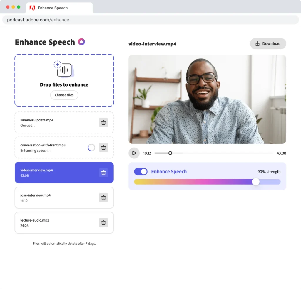 Adobe Podcast Enhance tool auto editing audio for free