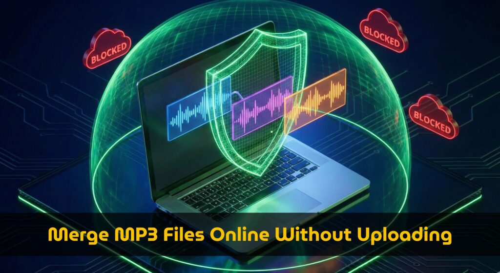 1. Secure browser shield icon protecting audio files from server upload 2. Speed comparison chart showing local merging vs cloud uploading