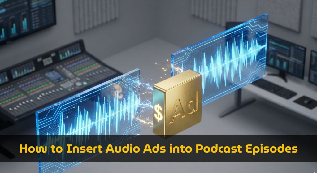 1. Diagram of podcast mid-roll ad placement showing audio sandwich structure 2. Audio joiner interface inserting ad clip between podcast segments