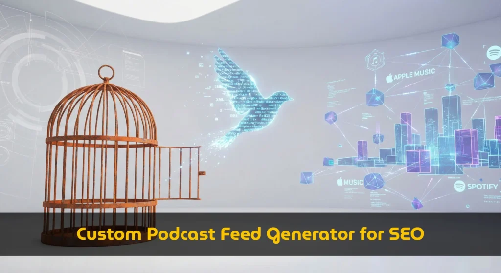 1. Comparison table showing soundcloud rss limitations versus custom xml feed benefits 2. Podcast episode management interface in free rss generator tool