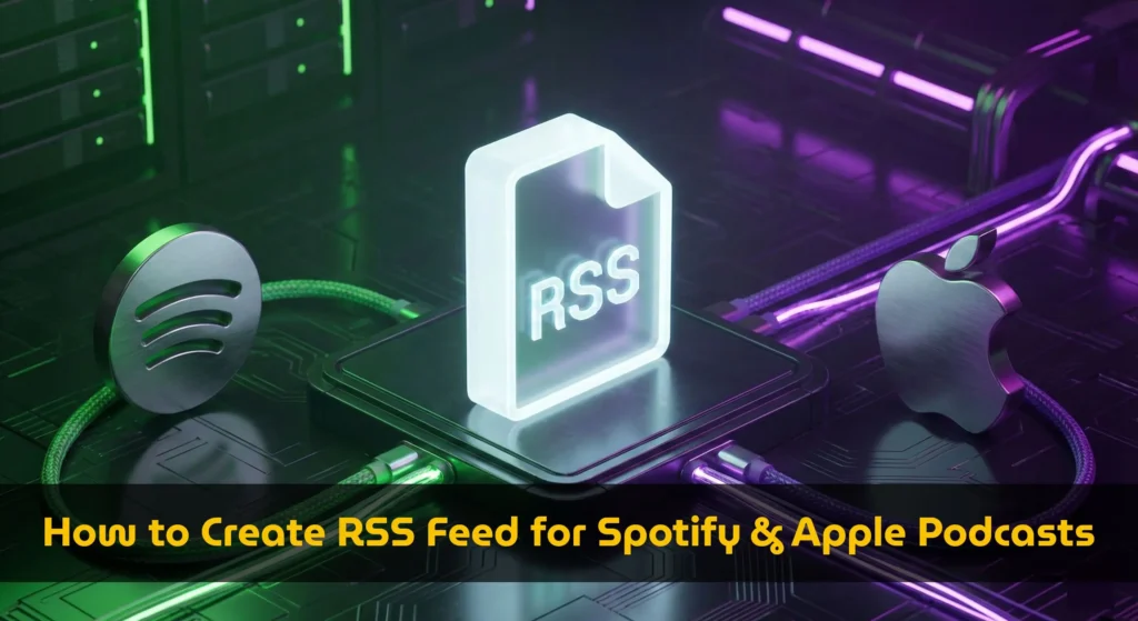 1. Comparison chart of spotify versus apple podcast rss feed requirements 2. Podcast rss generator tool interface showing itunes category dropdown menu