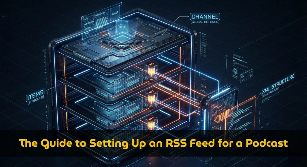 1. Diagram of podcast rss feed anatomy showing channel and item xml tags 2. Step by step guide to setting up a podcast feed using a generator