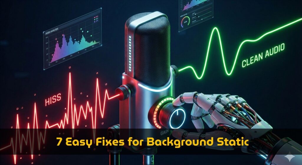Microphone gain knob diagram showing correct 75 percent setting to reduce hiss