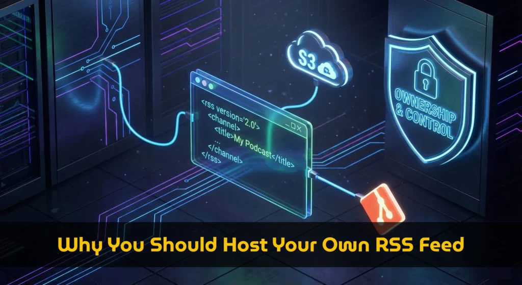 1. Terminal code screen showing podcast rss xml structure in dev studio 2. Architecture diagram of self-hosted podcast feed using GitHub and S3