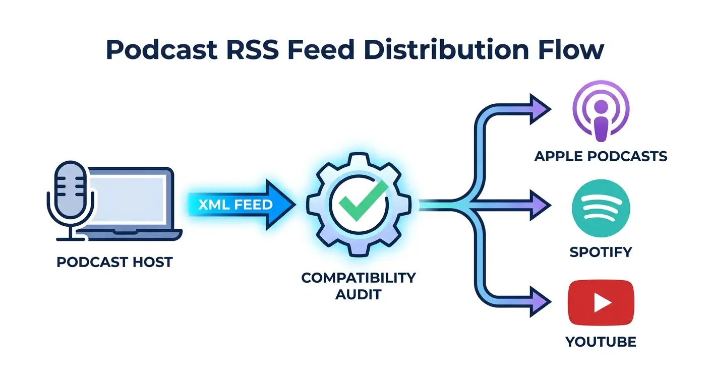 Diagram showing the flow of Podcast Feed Compatibility from hosting to Apple and Spotify