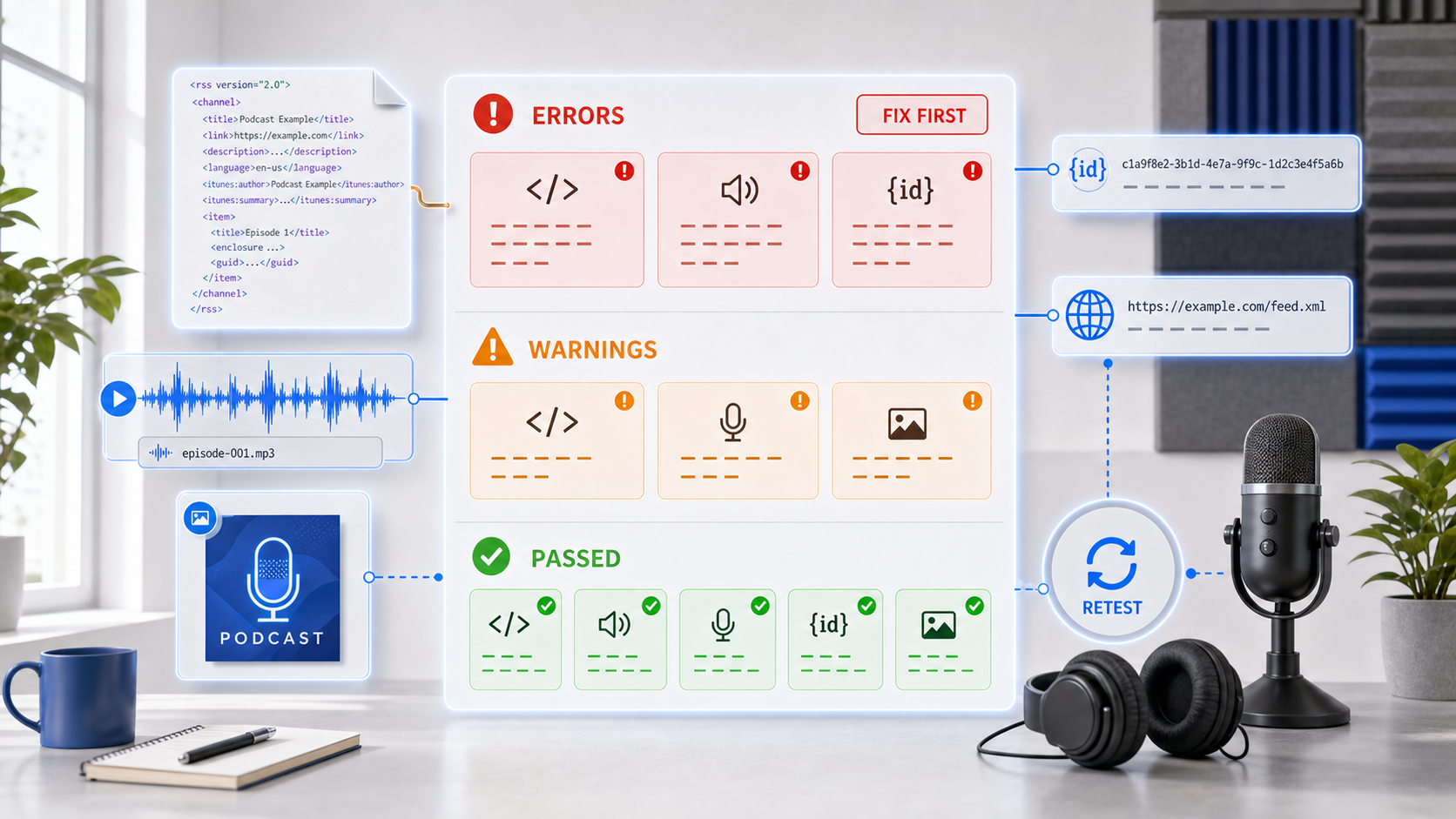 Podcast RSS validator report separating errors, warnings and passed checks