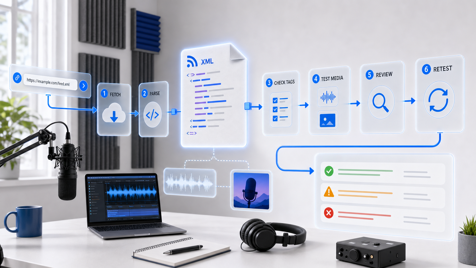 Podcast RSS validator workflow from fetching and parsing a feed through review and retesting