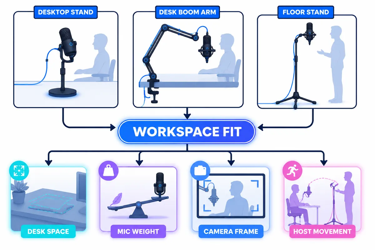 Diagram comparing desktop, boom-arm, and floor microphone stands by workspace, weight, camera framing, and host movement