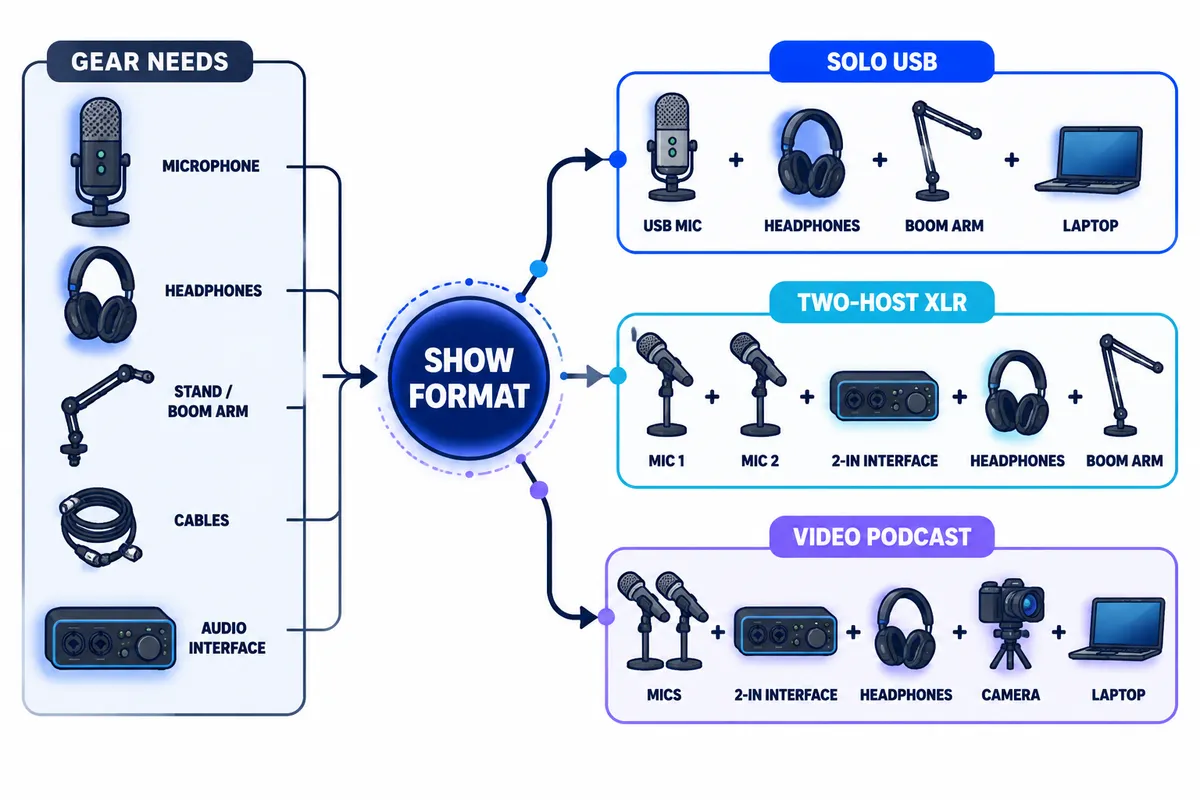 Diagram comparing solo USB, two-host XLR, and video podcast equipment bundle paths