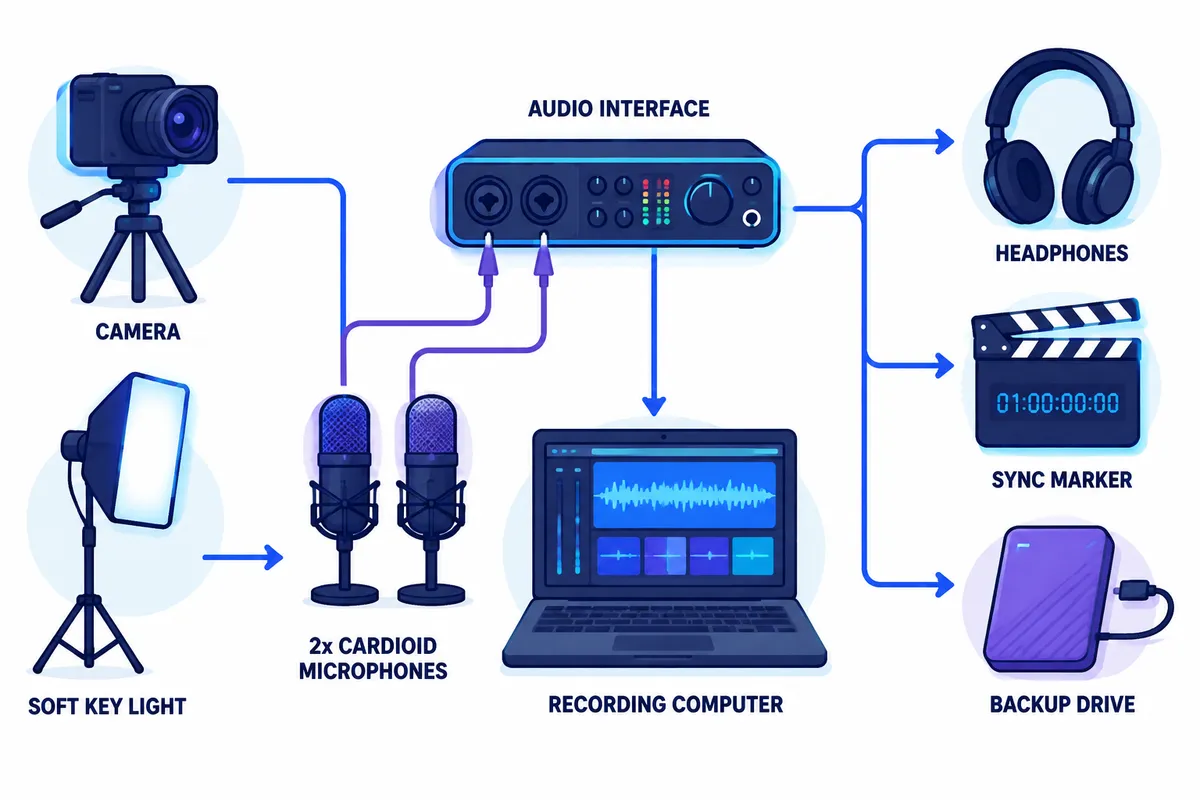 Flat-vector workflow diagram showing camera framing, soft lighting, microphones, audio interface, headphones, synchronization, recording, and backup storage for a video podcast setup