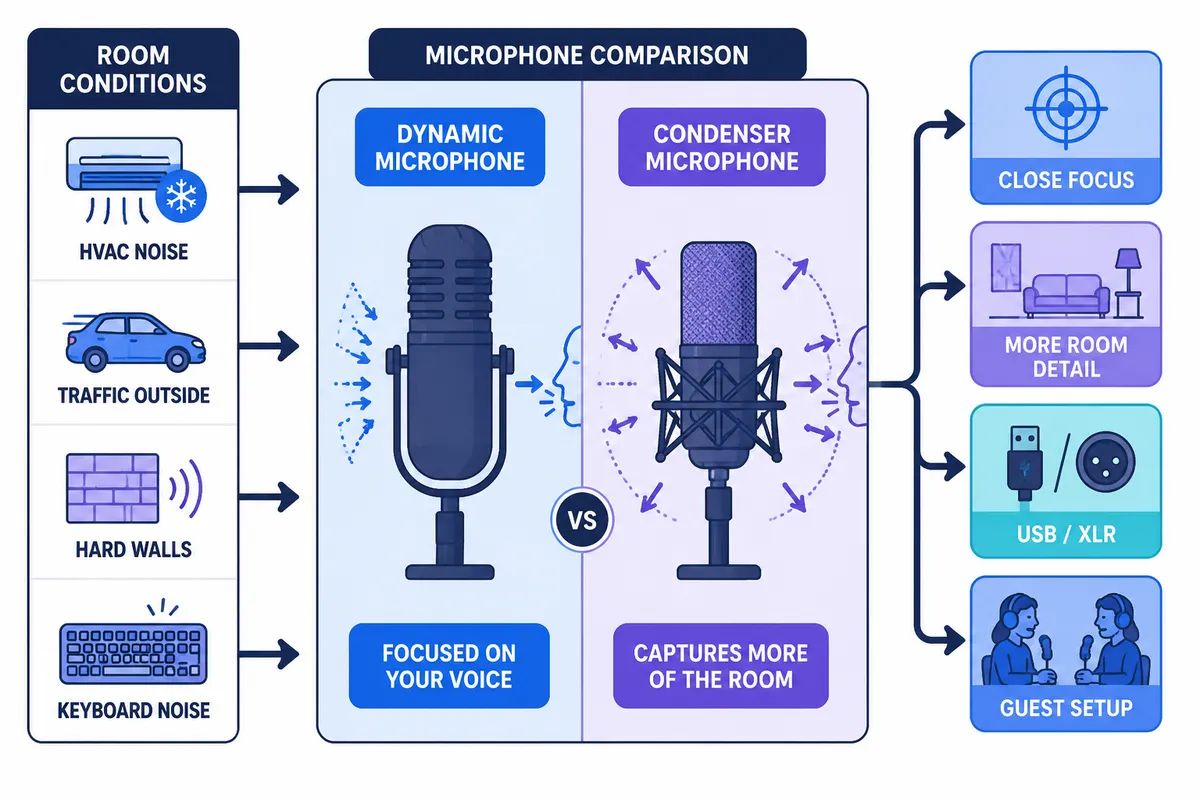 Flat-vector diagram comparing dynamic and condenser microphones by room noise, sensitivity, USB or XLR connectivity, and podcast use case