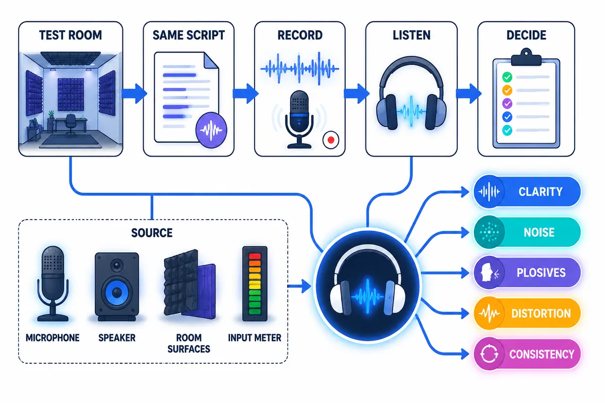 Flat-vector diagram showing the five-step process for testing podcast microphone quality: prepare, record, listen, compare, and decide.