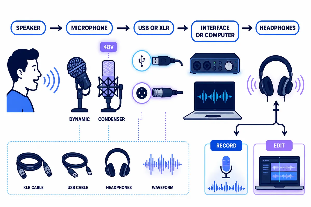 Podcast equipment signal-chain diagram showing the speaker, microphone, USB or XLR connection, interface, headphones, computer, recording, and editing stages.