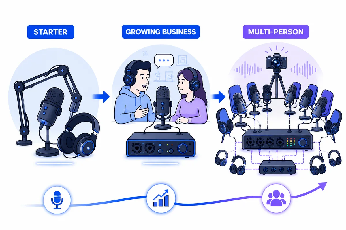 Three-stage podcast equipment comparison showing starter, growing-business, and multi-person setups with their microphones, interfaces, headphones, and upgrade path.