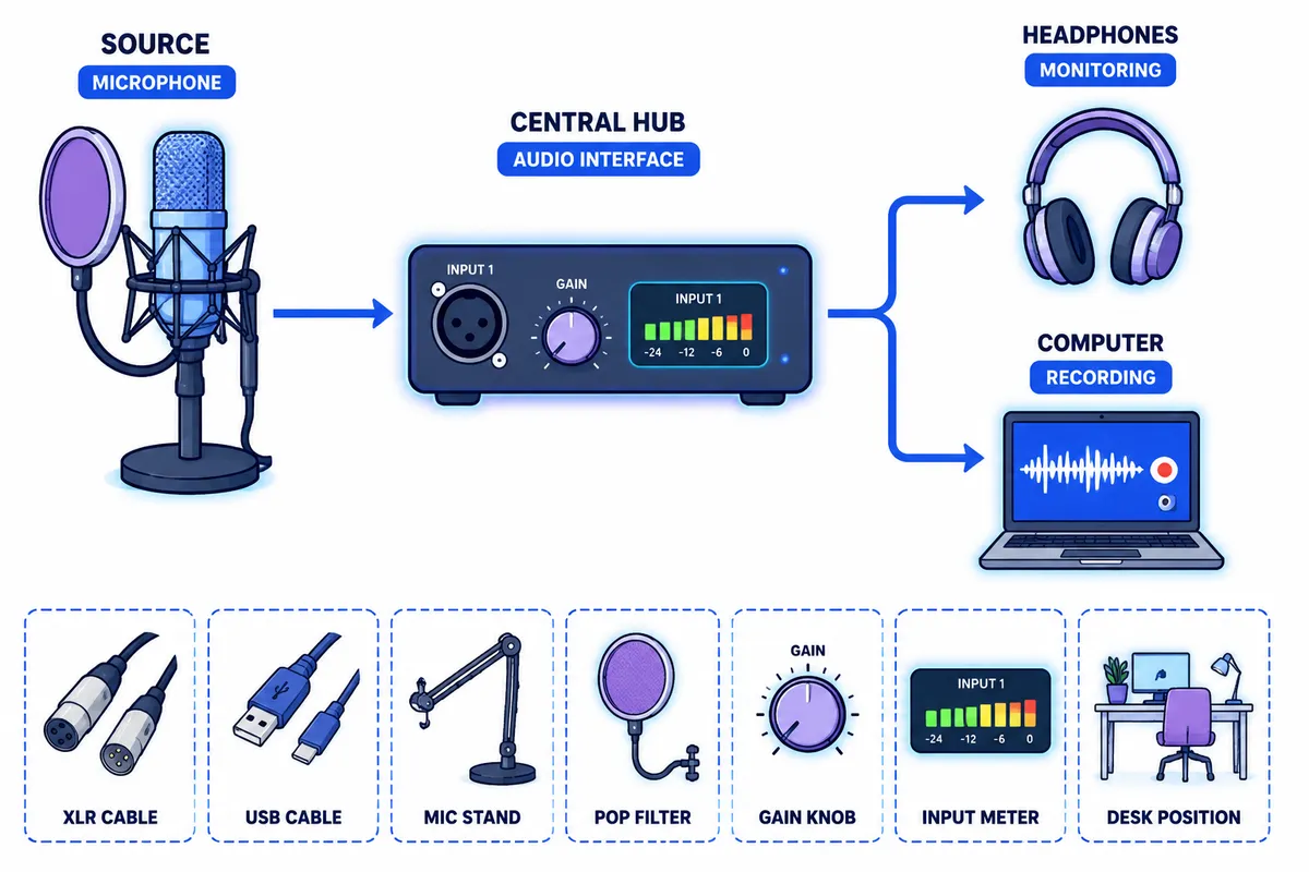 Diagram showing podcast microphone, audio interface, headphones, and computer connection order