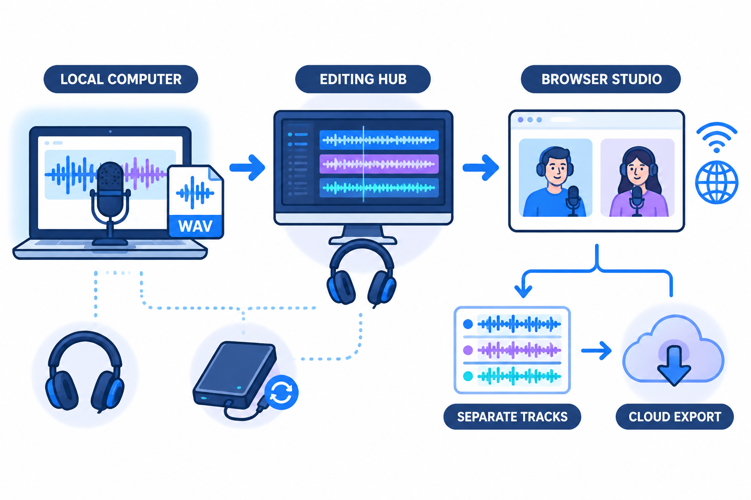 Diagram comparing local podcast recording with browser-based remote recording and separate-track export.