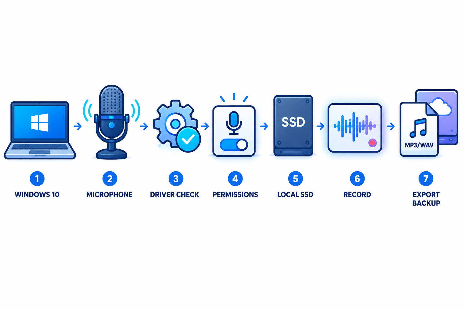 Windows 10 podcast recording compatibility workflow showing driver checks, microphone permissions, local recording, export, and backup